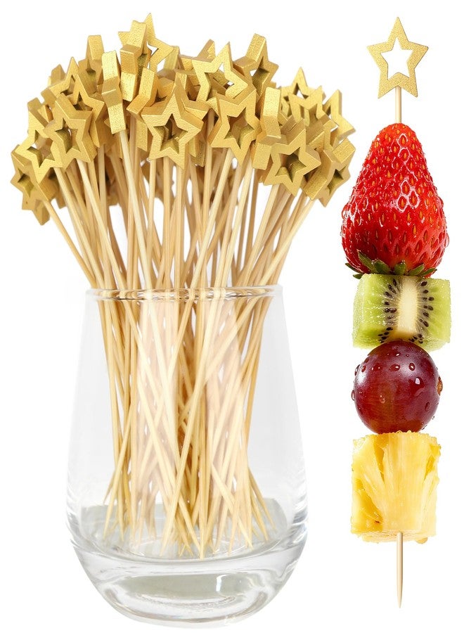 Vicuna R 100PCS Gold Star Cocktail Picks, Decorative Fancy Toothpicks for Appetizers, 5.2 Inch Long Bamboo Skewers, Wooden Garnish Sticks for Drinks Food Fruit Party Supplies Charcuterie Boards Accessories - Image 1